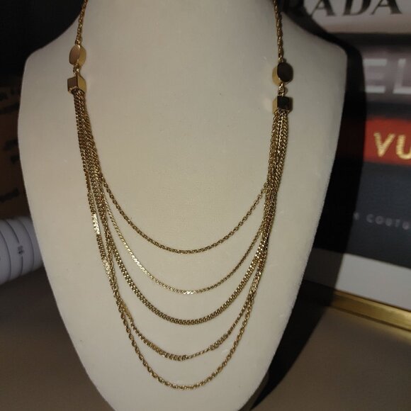 Emmons Necklace Gold Tone 5 Strand Chain Vintage Geometric Accent 16 Inches - Picture 3 of 11
